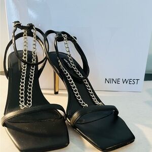 Nine West Black and Gold Heels with Chain Detail